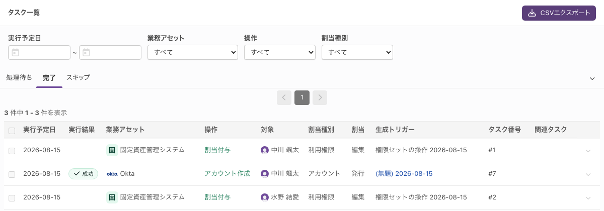 「完了」タブ。接続先サービスと連携する業務アセットの行は「実行結果」が「成功」になり、連携しない業務アセットの行は空欄のまま