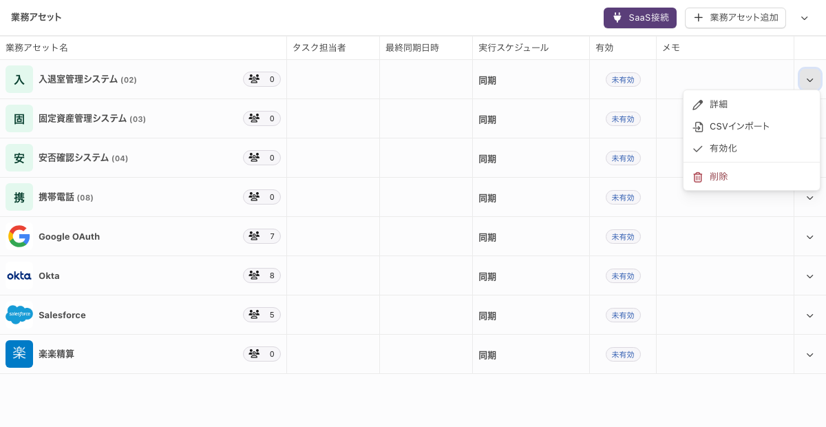 連携しない未有効の業務アセットの行のメニュー。「詳細」「CSVインポート」「有効化」「削除」が並ぶ