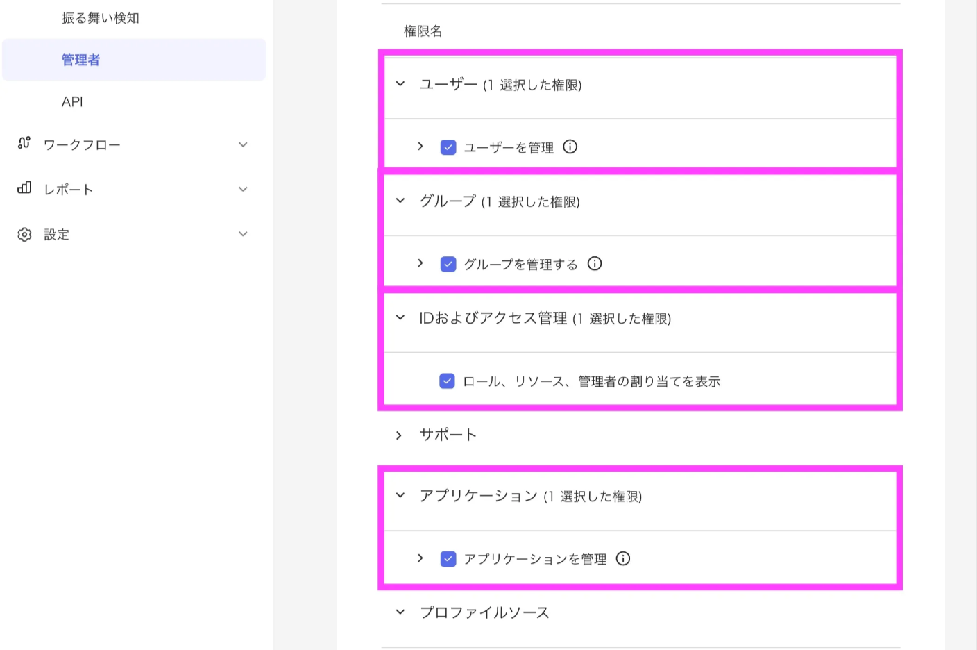Oktaの管理者ロールの権限設定画面で、ユーザー・グループ・IDおよびアクセス管理・アプリケーションの4区分の権限が選択されている状態