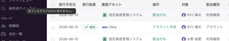 「完了」タブでチェックボックスにカーソルを合わせたところ。「完了したタスクは元に戻せません。」と表示される