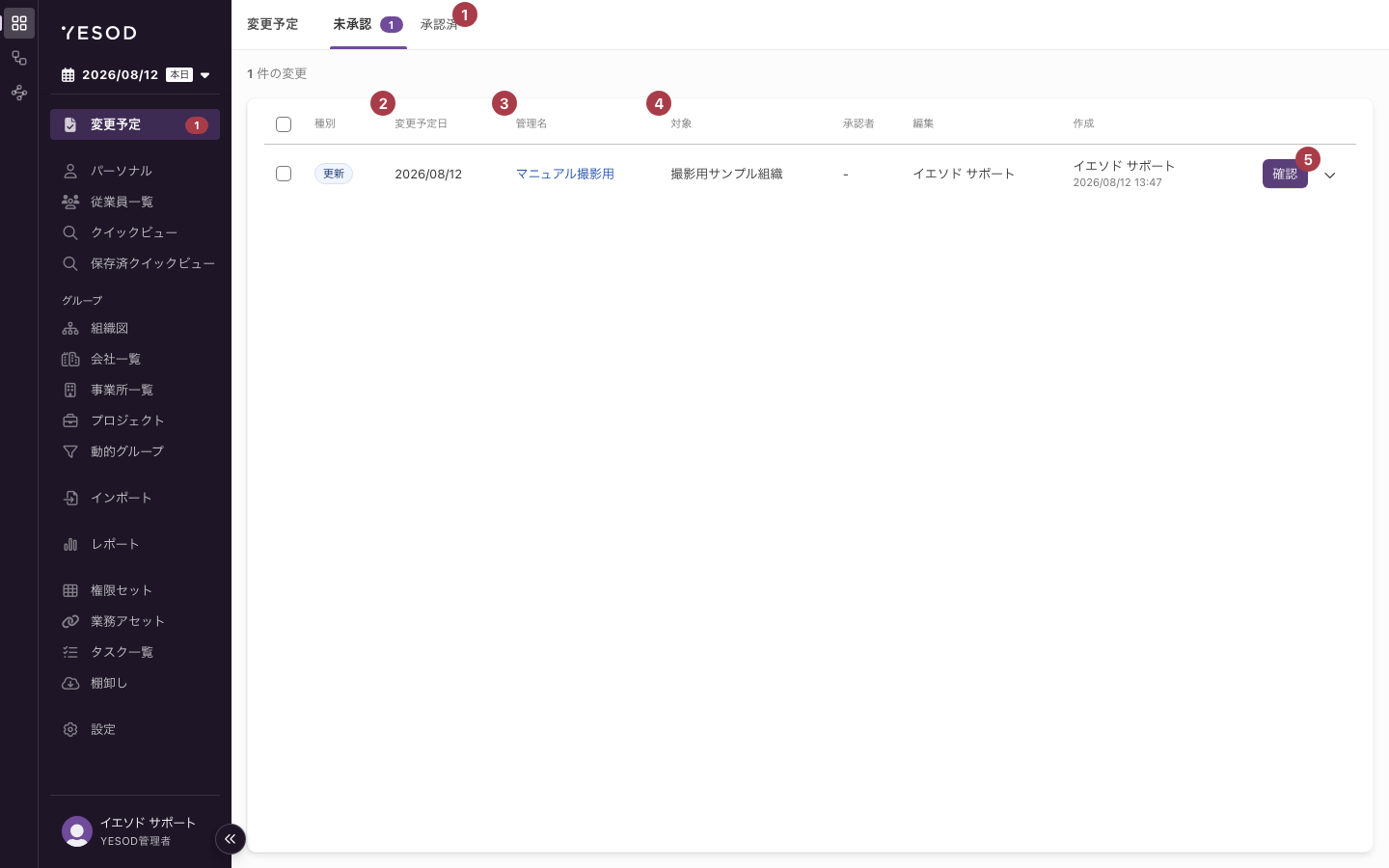 「変更予定」画面の「未承認」タブ。上部にタブ、下に変更登録の一覧が並ぶ注釈図