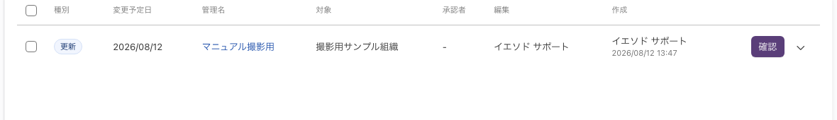 「未承認」タブの一覧の1行。左からチェックボックス、種別、変更予定日、管理名、対象、承認者、編集、作成、右端に「確認」ボタン