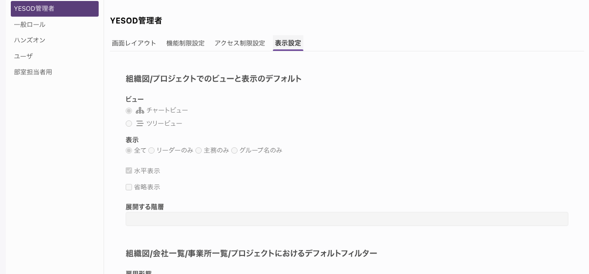 ロールの「表示設定」タブ。「組織図/プロジェクトでのビューと表示のデフォルト」に、ビュー・表示・水平表示・省略表示・展開する階層が並ぶ