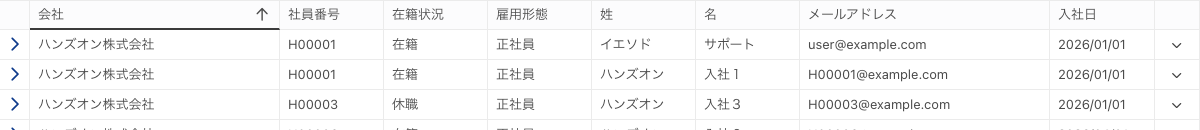 一覧の行。左端に>のアイコン、右端に∨のアイコンが並ぶ