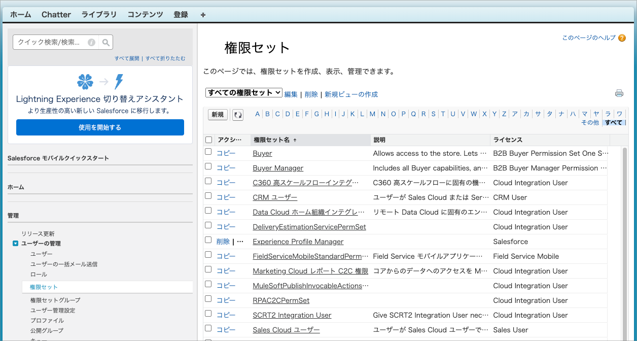 Salesforceの「権限セット」画面。権限セット名・説明・ライセンスの列が並ぶ一覧